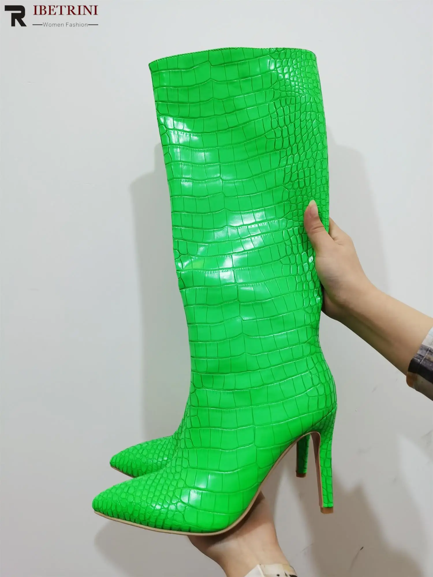 Female Pointed Toe Boots For Women Slip On Fashion Stiletto Heels Shoes Knee High Med Calf Boots Stone Print Sexy