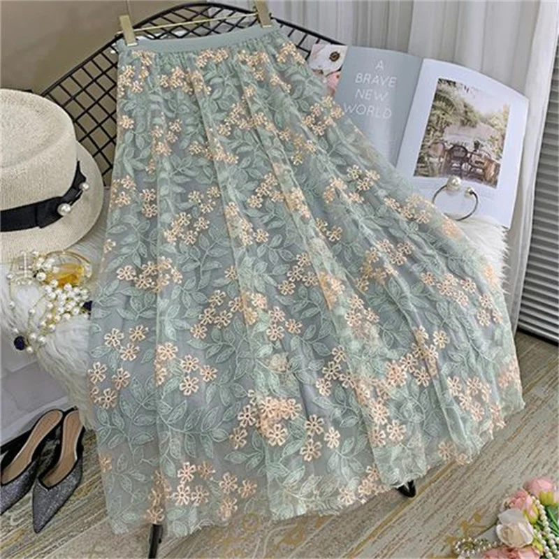 

Elegant Mesh Yarn Skirt Women's Clothing 2023 New Spring Summer Elastic High Waist Embroidered Pleated A-line Skirts 87