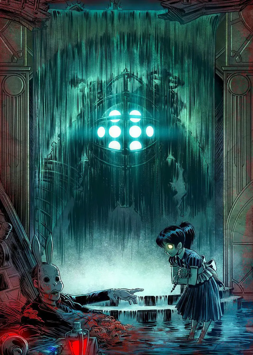 Póster de Bioshock Rapture con diseño de fan art, pintura en lienzo, impresiones de Big Daddy Little Sister, arte de pared, pintura en lienzo, imagen para decoración del hogar