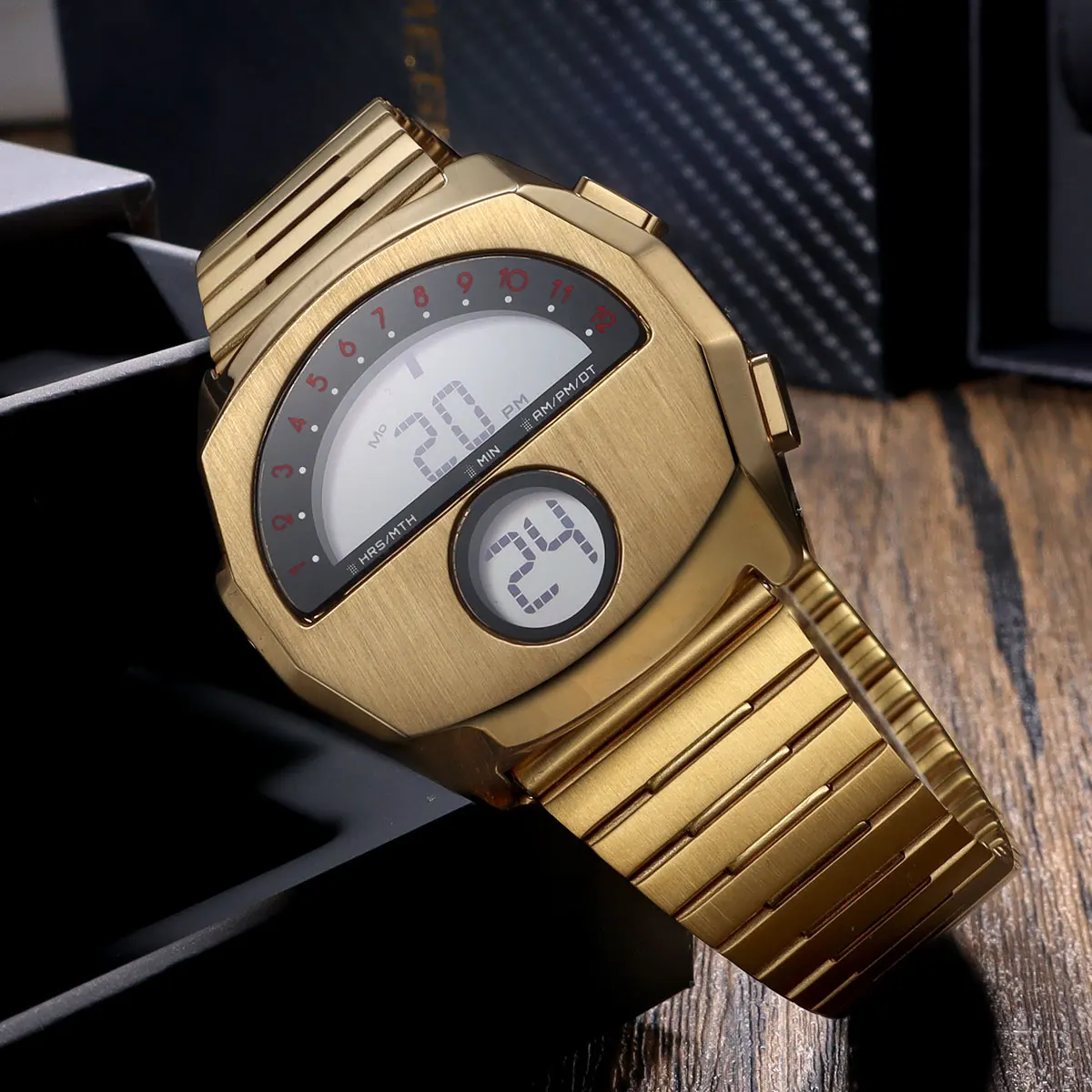Digital Watch for Men Stainless Steel Band Dual Display Electronic Wristwatch with Alarm Waterproof Sports Watch Daily Casual - 5