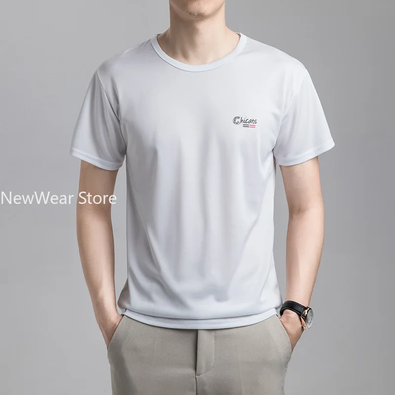 Camiseta de seda gelo manga curta masculina, fria, com gola O, elástica, de secagem rápida, respirável, camisa esportiva, verão
