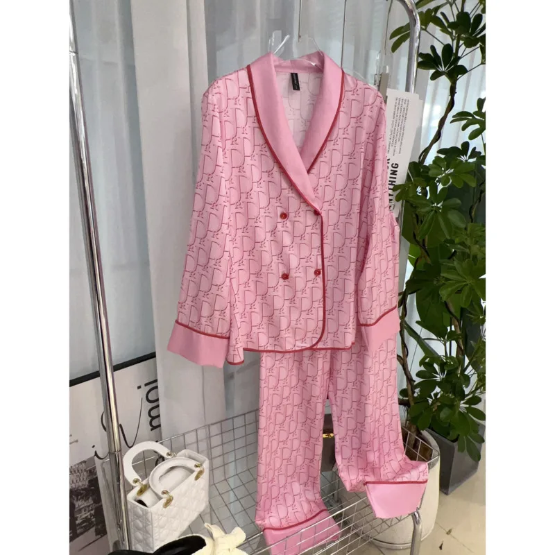 

Fashionable High Quality Pink Letter Herringbone Ice Silk Women's Pajamas Comfortable Soft Satin Texture Thin Pyjamas Sets