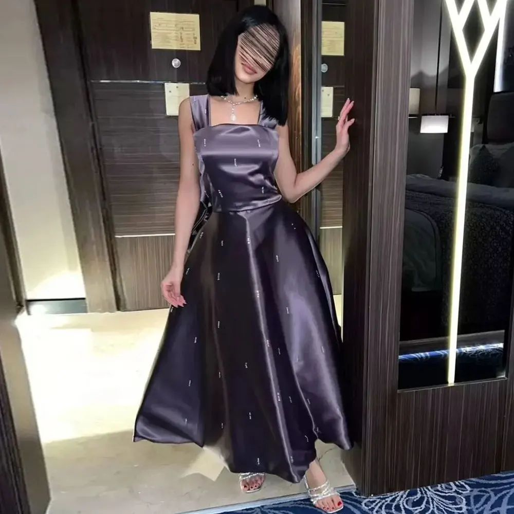 

Vintage Satin Evening Dress Square Neck Draped A-Line With Bow Beaded Dubai Girl Formal Occasion Tea-Length Vestidos De Festa