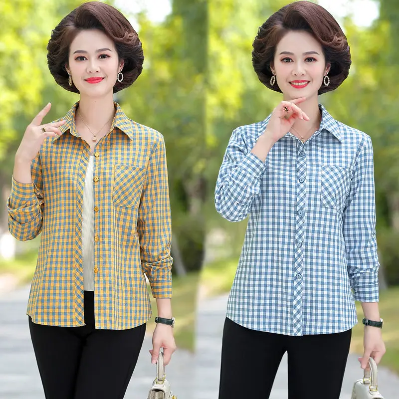 

Повседневная стильная Свободная Женская блузка из хлопка и льна с длинным рукавом, элегантная однотонная винтажная рубашка на пуговицах, уличные топы в клетку, T144