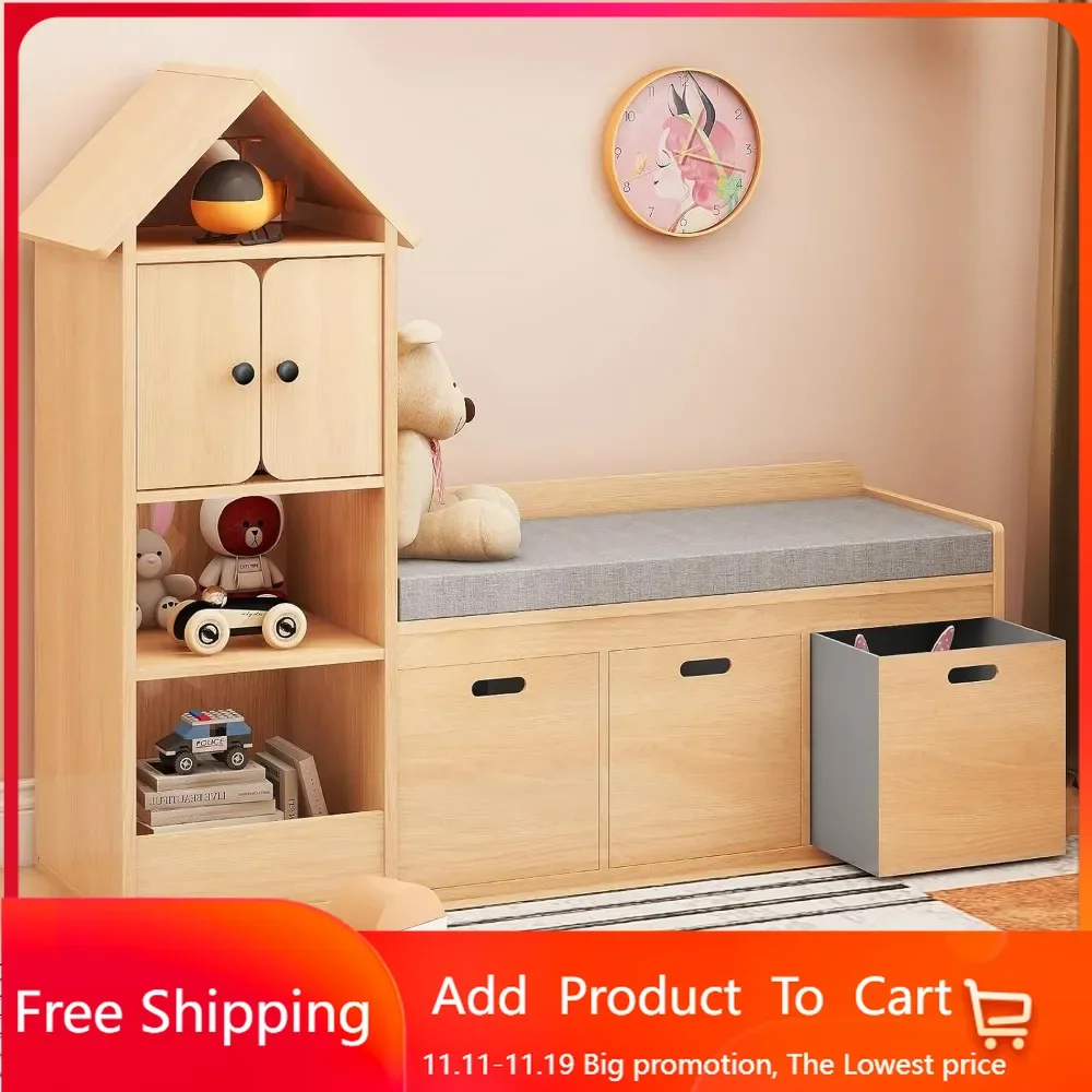 Kids Bookcase and Bookshelf with Reading Nook, Multifunctional Bookcase with 3 Open Storage Cubbies and 3 Drawers