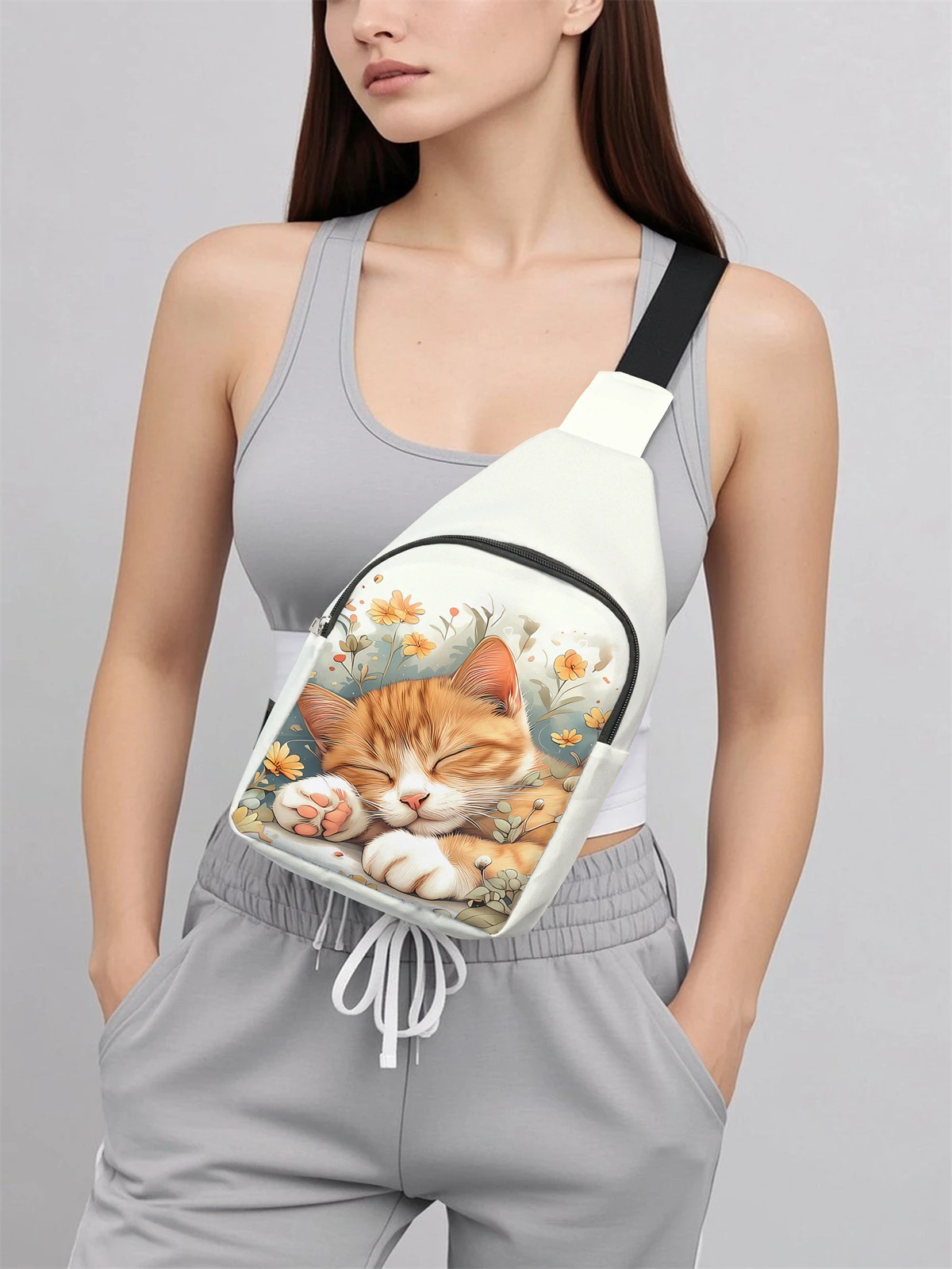 Cat pattern chest bag, multifunctional, lightweight, simple chest bag, suitable for travel and school