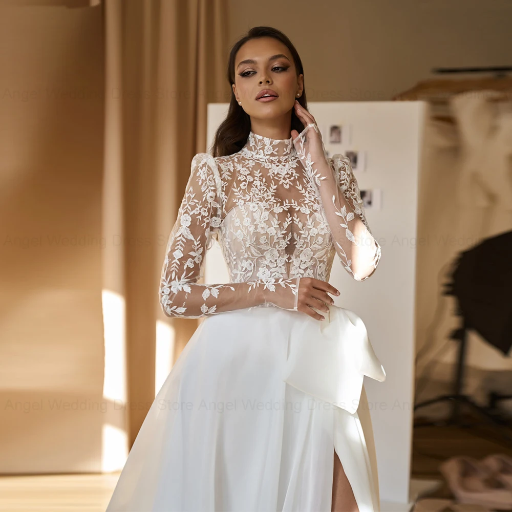 ANGEL A-Line Applique Wedding Dress Customized Long Sleeves Tulle Bride Gown High Neck Illusion Bride Gowns vestidos de novia