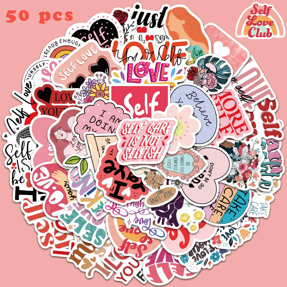 50pcs Self Love Aesthetic Stickers Vinyl Waterproof Suitcase Notebook Scrapbook Guitar Fridge Graffiti Stickers 10 30 50pcs lovely cat diy waterproof graffiti sticker aesthetic decorative luggage laptop phone fridge scrapbook kids stickers