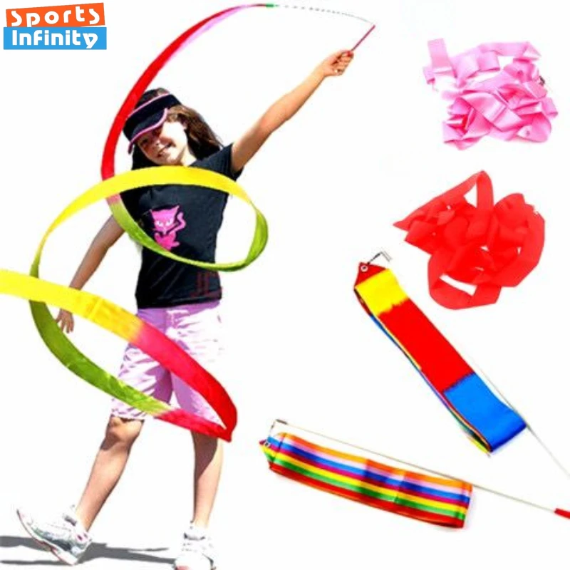 Gym Dance Ribbon Rhythmic Gymnastics Ribbon 2m 4m For Girl Ballet Streamer Twirling Rod Rainbow Stick Sports Training