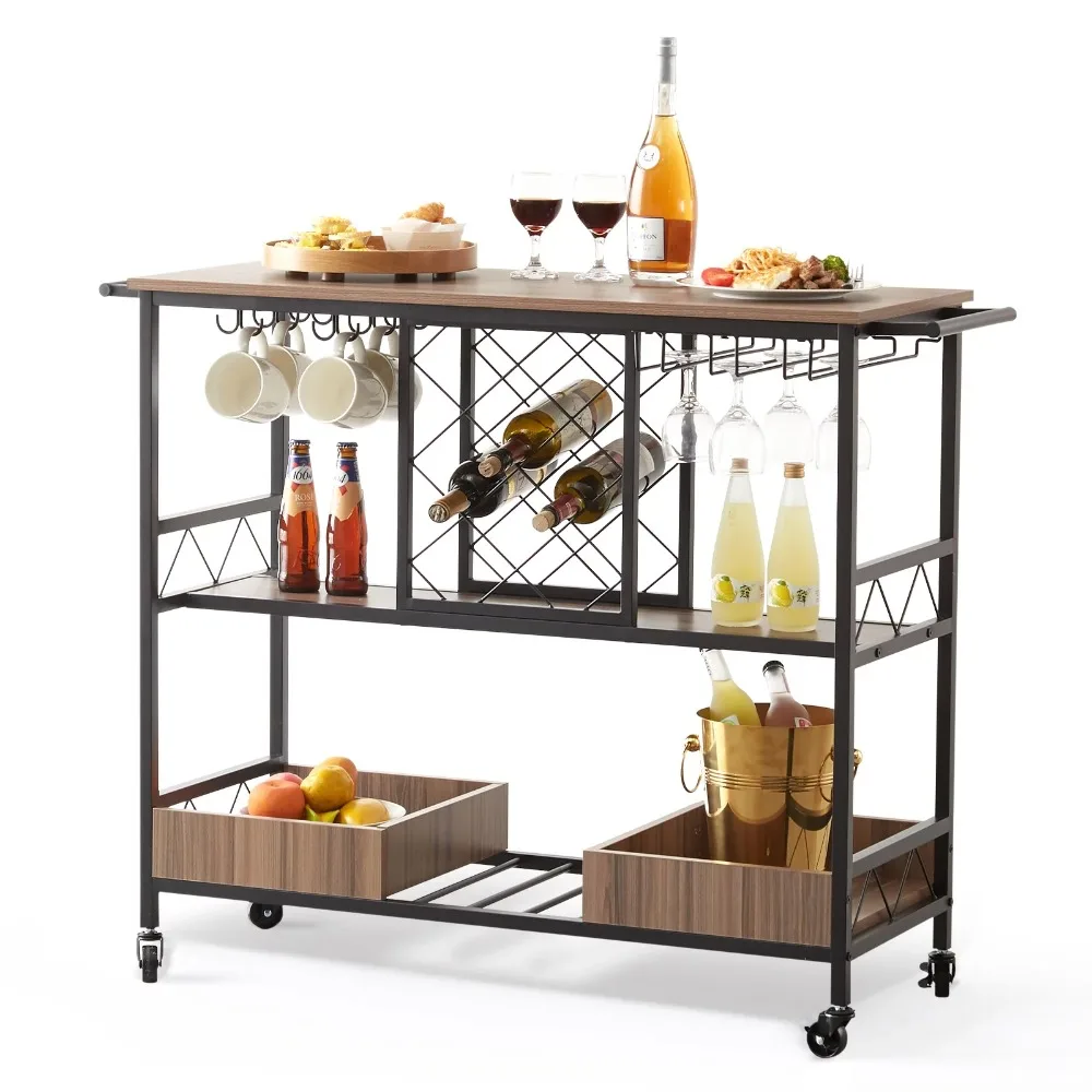 

3-Tier Bar Serving Cart Rolling Trolley With Wine Grid Glass Holder 300lbs Freight Free Kitchen Furniture Home