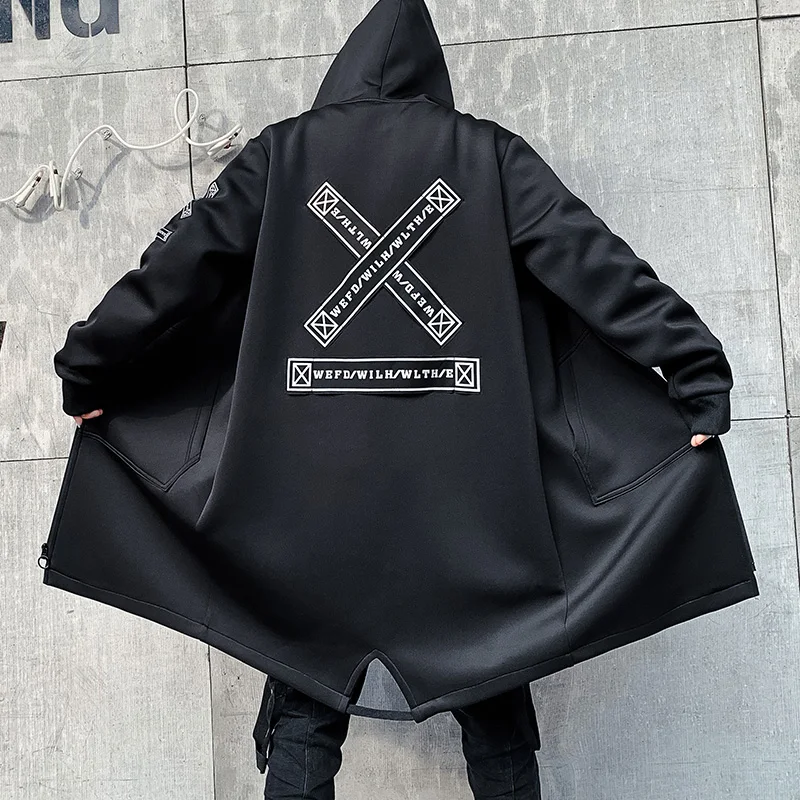 Fashion Printed Mens Trench Coat Hooded Harajuku Windbreaker