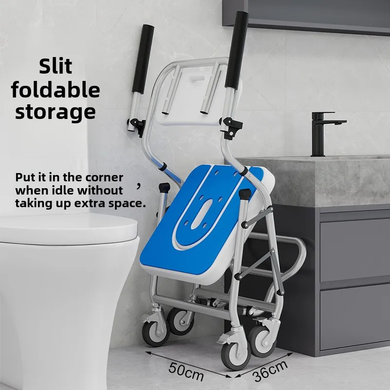 Foldable Bathroom Chair and Mobile Commode Shower Wheelchair for Elderly Handicapped Versatile Bathroom Chair Rotatable Handrail