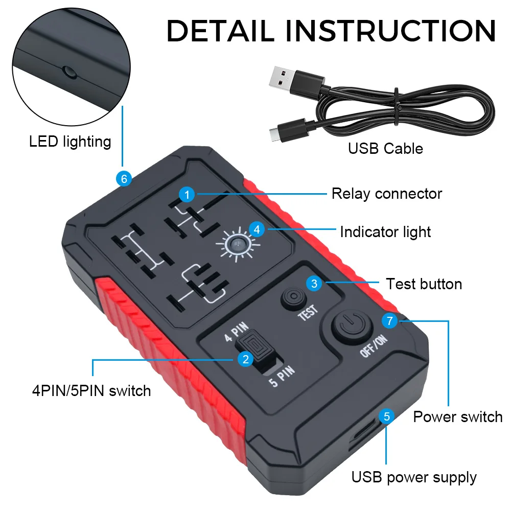Indicador LED electrónico automotriz con puerto tipo C, iluminación LED, probador de relé de coche, comprobador de bater