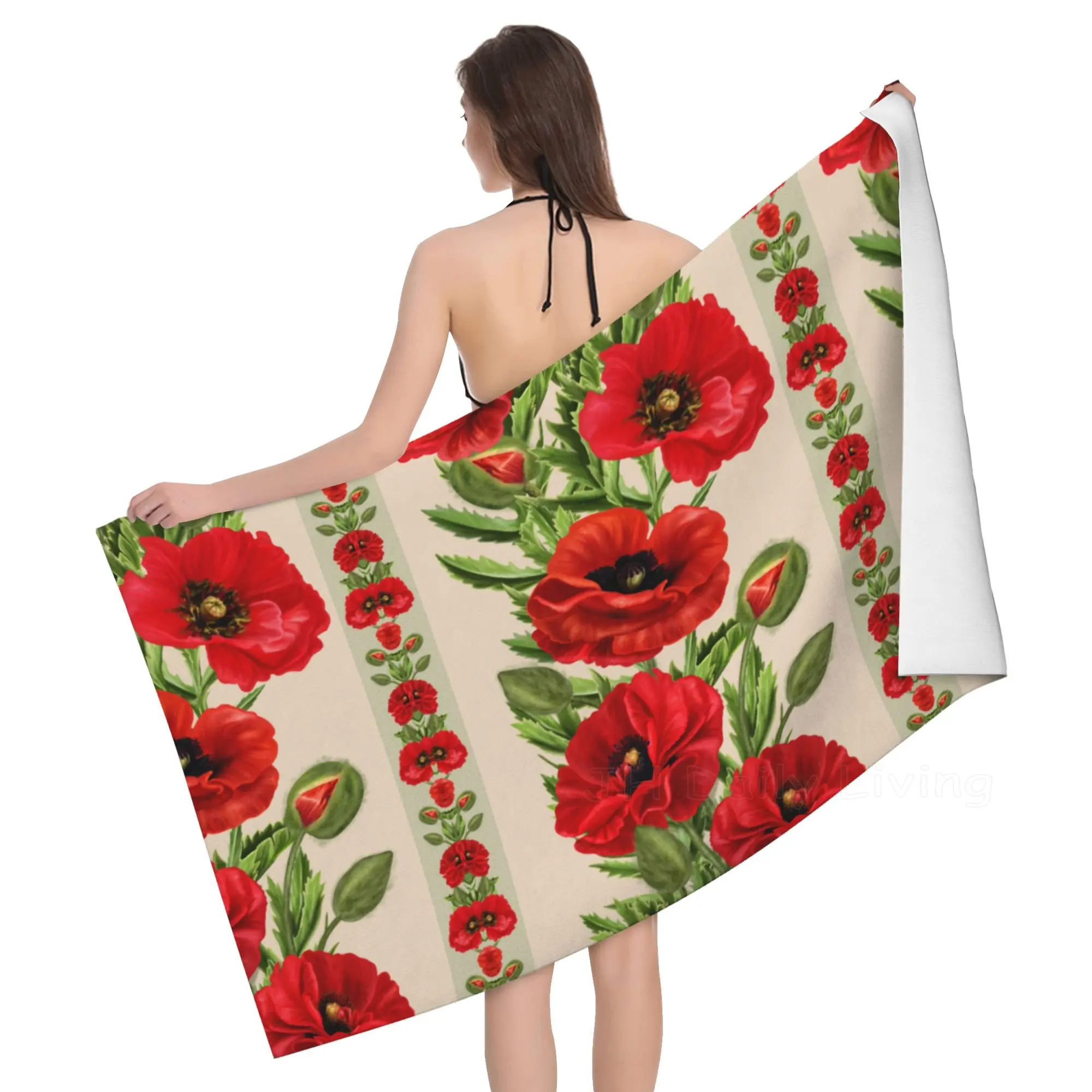 성인용 빨강꽃 양귀비 목욕 타올, 여름 여행 비치 타올, 요가 매트, 속건성 극세사 욕실 타올