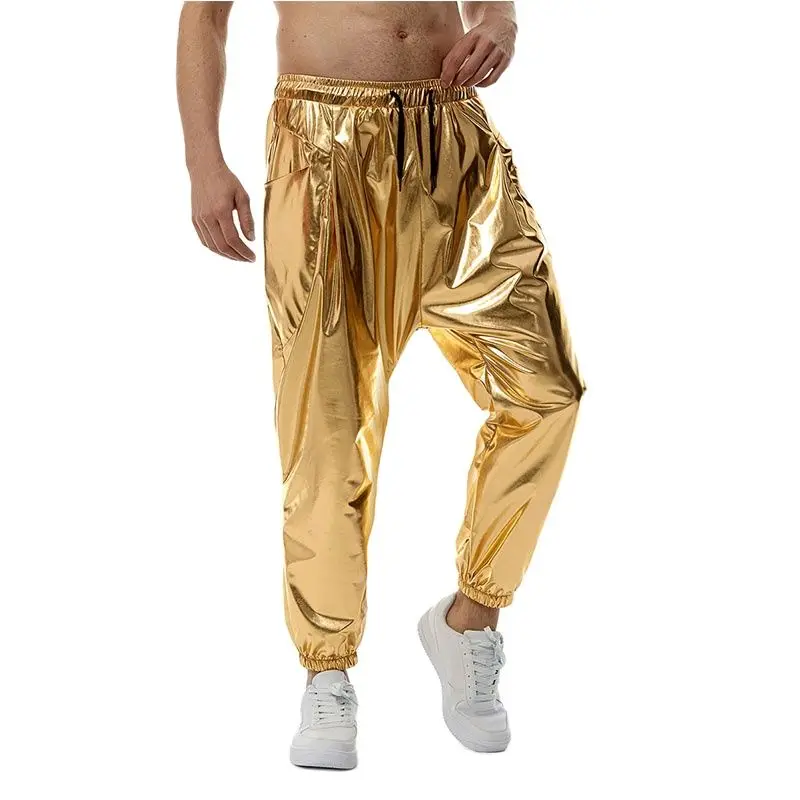 

Mens Shiny Gold Metallic Jogger Pants Party Dance Disco Nightclub Harem Pants Trousers Men Hip Hop Streetwear Casual Sweatpants
