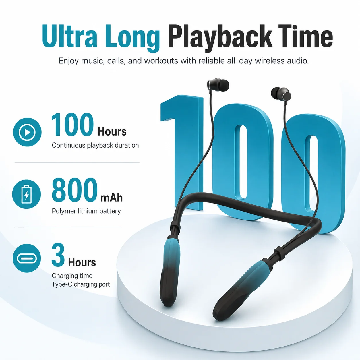 Wireless Bluetooth In-Ear Sport Headphones with 100-Hour Playtime, Long-Lasting Battery, Built-in Microphone, Fast Type-C Charging, Neckband Design