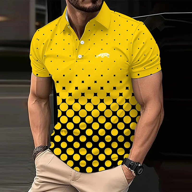 Men Summer Casual Round Dot 3D Digital Print Casual Short Sleeve Polo Shirt .