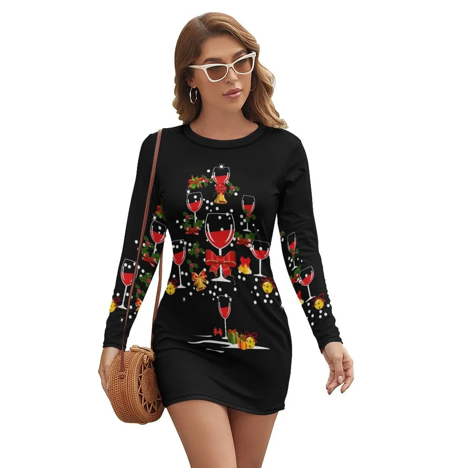 Mulled Red Wine Funny Christmas Tree Long-sleeved Dress Dress women party dresses women dresses for woman