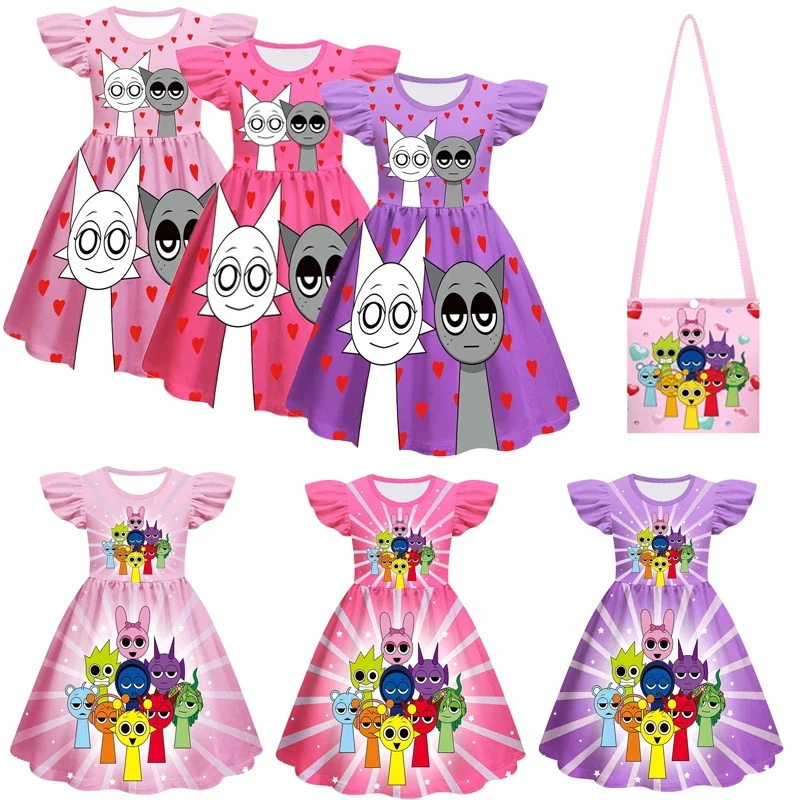 Anime Cartoon Child Girls Sprunki Figures Printed Dress + Bag Party Clothing Baby Girls Birthday Gift