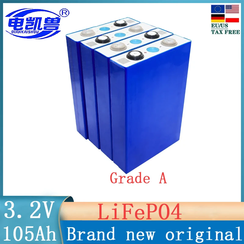 

105AH 3.2V LiFePO4 Battery Grade A Rechargeable Cell With Free Busbars For Solar Energy DIY 12V 24V 48V Lithium Battery Pack