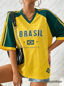 Summer New Brazil T-Shirt For Women Patchwork V-Neck Short Sleeve Tees Casual Sports Football Jerseys Oversized Y2K Street Tops 1