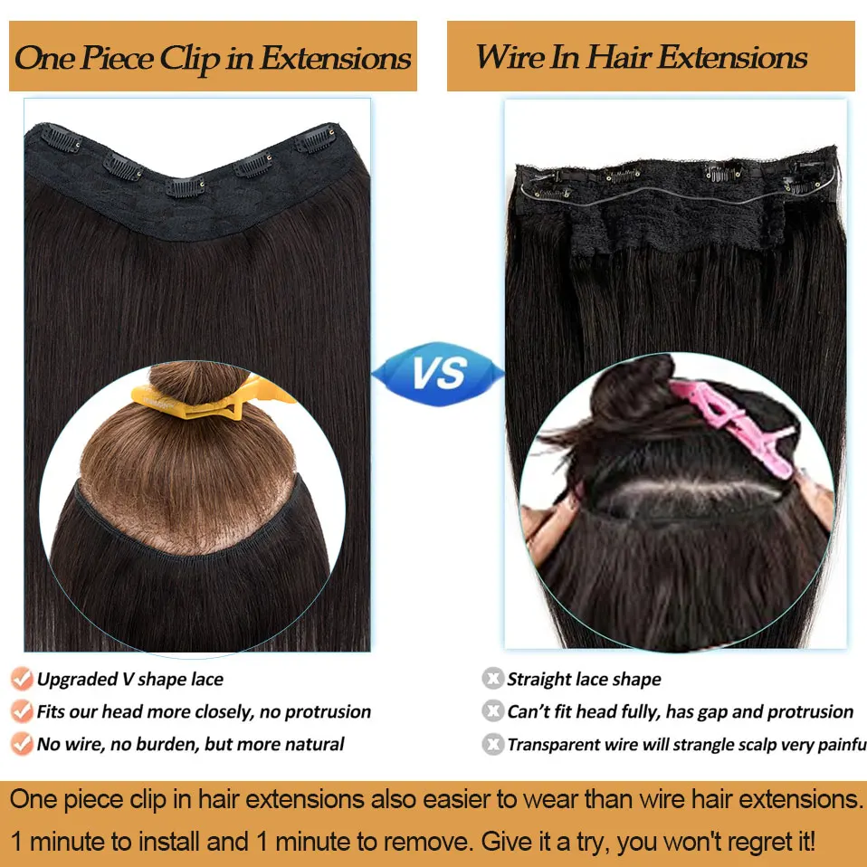 V Shape One Piece Clip In Hair Extensions Human Hair Hairpiece Clip in Seamless Weft Silky Straight For Women