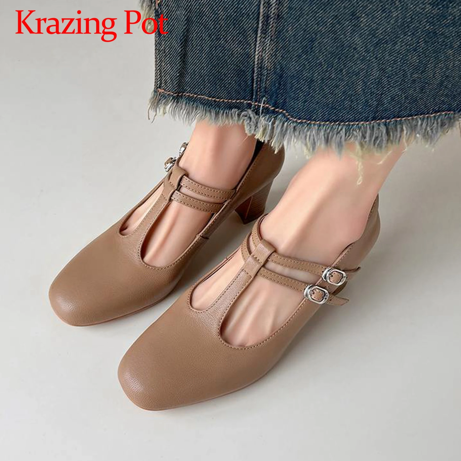 

Krazing Pot Sheep Leather Buckle Straps Retro High Heels Spring Office Lady Fashion Square Toe Mary Janes Vintage Women Pumps