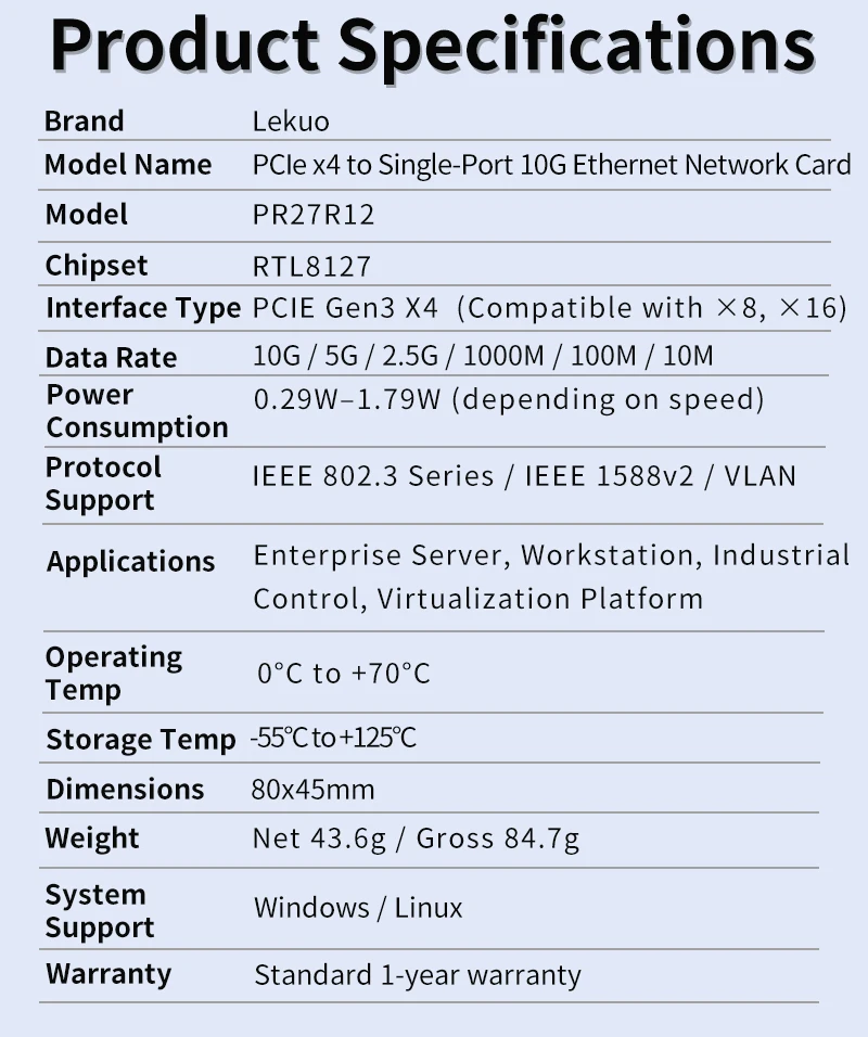 Lekuo PCIe 3.0 X4 - 1포트 10G 이더넷 네트워크 카드 Realtek8127(PXE)용 10Gbps RJ45 Lan 카드, 멀티 기가비트 네트워크 속도 지원