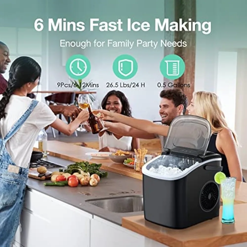 Countertop Ice Maker, Ice Maker Machine 6 Mins 9 Bullet Ice, 26.5lbs/24Hrs, Portable  Ice Maker Machine with Self-Cleaning