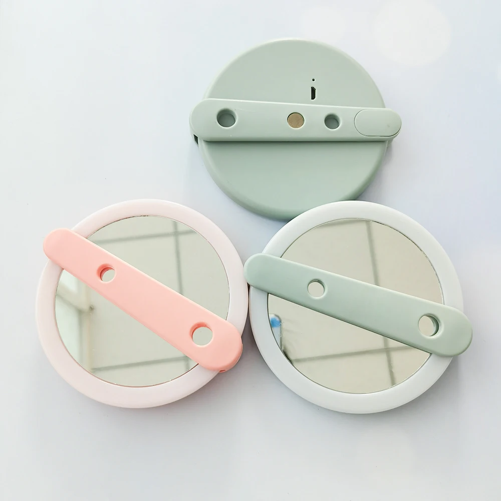 LED 로터리 스위치 메이크업 거울, 여성 핑크 화이트 USB 충전 귀여운 편리한 휴대용 럭셔리 라운드 개인 상표