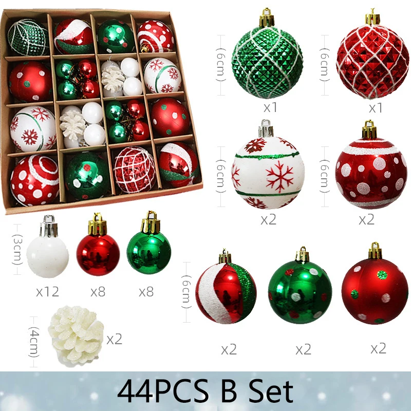 thumbnail image 1 of Juego de 44/42 bolas navideñas de 6 cm para colgar en el árbol de Navidad, adornos de caja de regalo pintados y galvanizados para el hogar, regalo de Año Nuevo 2024, 1 of 5