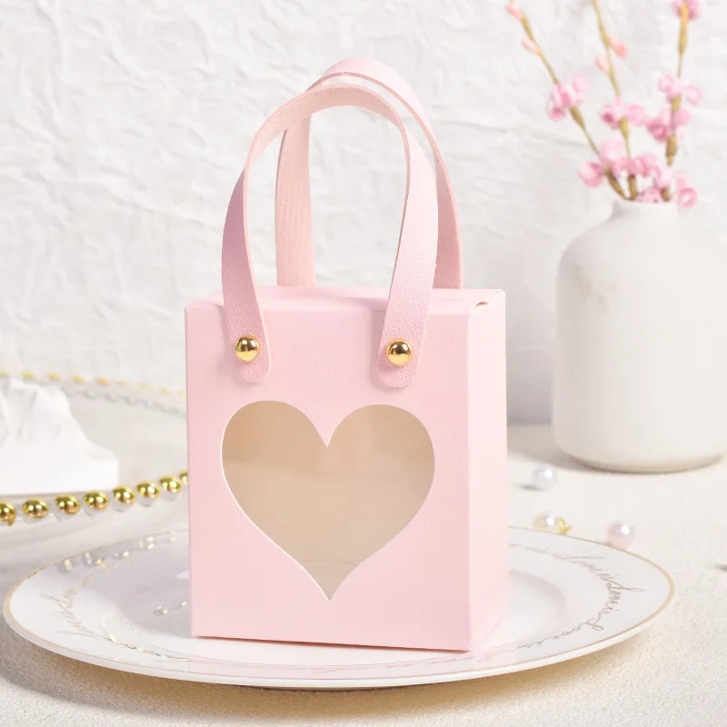10Pcs Wedding Candy Gift Bags Transparent Window Packaging Boxes Pink Romantic Flower  Portable Birthday Party Supplies