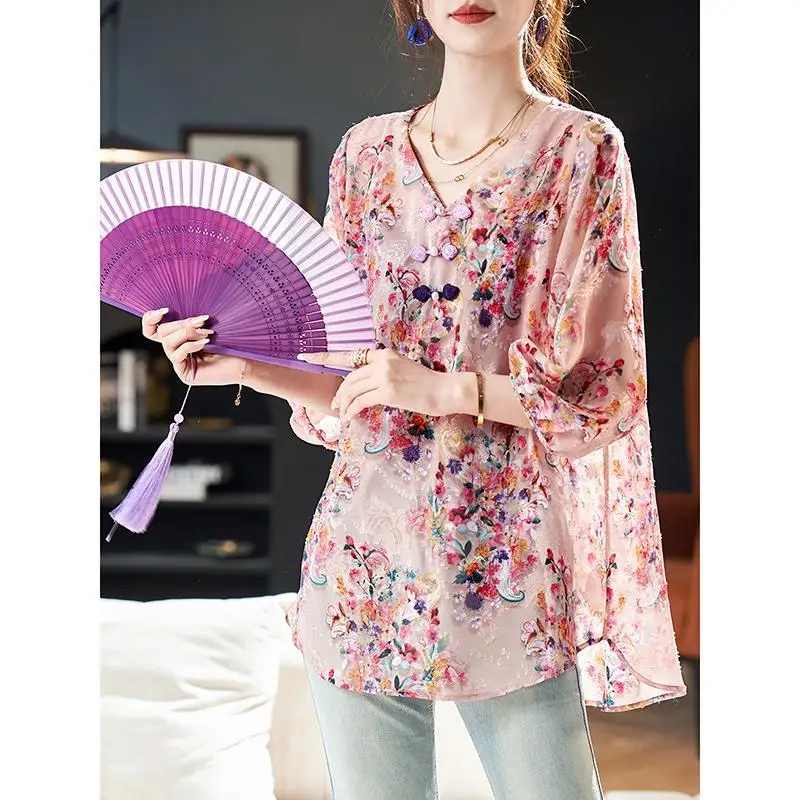 Spring Summer New Fashion V-neck Women's Clothing Casual All Match Blouses Printed Loose Print Female Clothes Y2K Women's Shirts
