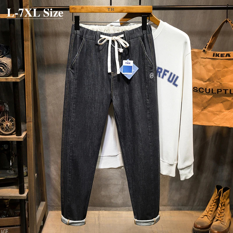 

Autumn New Men's Loose Straight Jeans Plus Size Brand Trousers Elastic Drawstring Black Denim Pants Fashion Streetwear 6XL 7XL