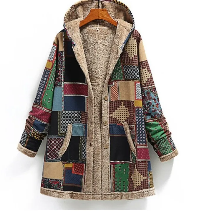 

2022 Winter Vintage Women Coat Warm Printing Thick Fleece Hooded Long Jacket with Pocket Ladies Outwear Loose Coat for Women