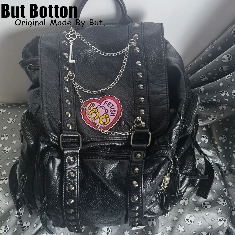 charm studs chain leather backpack 地雷 Women Girl Y2K Style Metal Punk Chain Shoulder Bags PU