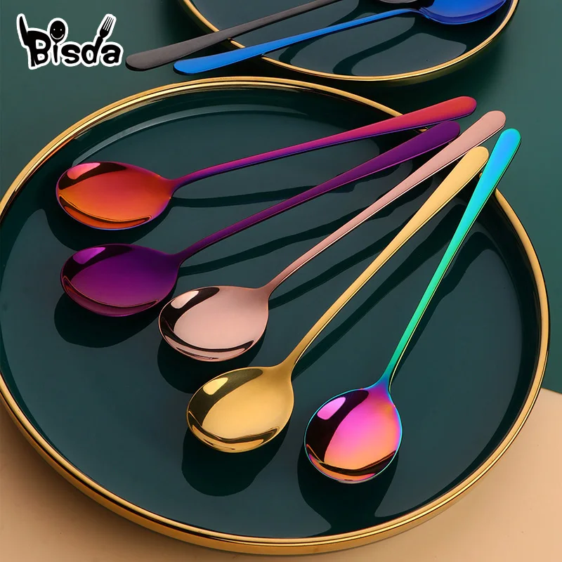 

8 Color Stainless Steel Spoons With Long Handle Spoons Rose Gold Soup Spoon for Ice Cream Dinner Spoons Rice/Salad Tableware