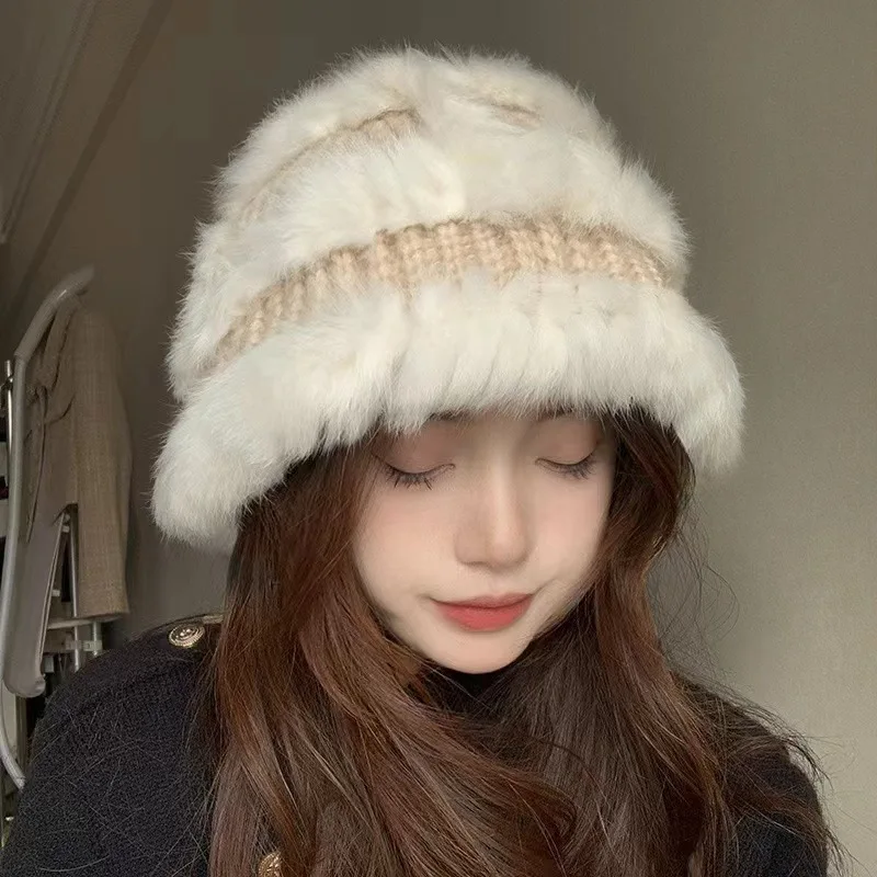 2024 New Rabbit Hair Bucket Hat Warm Fishing Caps Faux Fur Bucket Hat Men Women Winter Tide Top Hats Big Head Suitable Beanies
