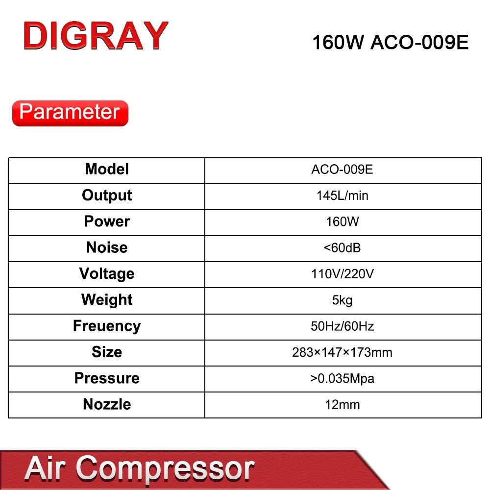 DIGRAY 160W Air Compressor Electrical Magnetic Air Pump 220V ACO-009E, for CO2 Laser Engraving Cutting Machine.