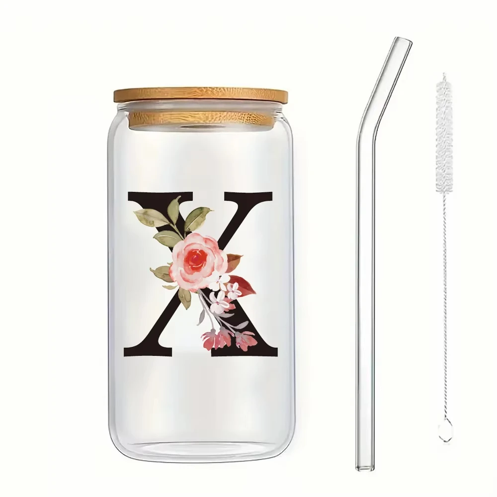 כוסות זכוכית פרחים באותיות A-X עם מכסה, מברשת קש, מתנה ליום האהבה, חתונה או בית