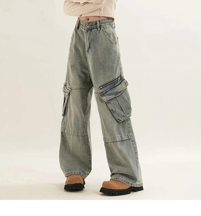 2024 Women's New Workwear Pants High Street Hip Hop Style Multi Pocket Workwear Jeans Fashion Retro Wide Leg Pants Trend