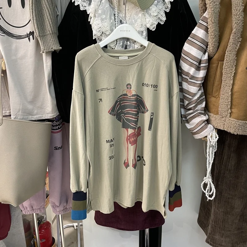 Loose Long Sve T-irt Women's Base irt Spring Autumn New Korean Version round Ne Letter Cartoon Pattern Patchwork Sve