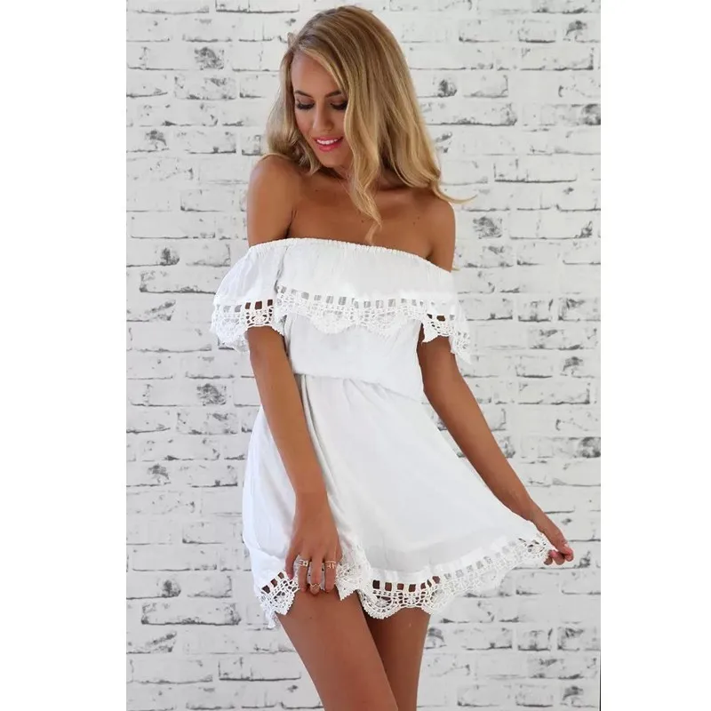

Boho Mini Dress Slash Neck Off Shoulder Beach Dress Women Summer Elegant Hollow Out Party Bohemian Dress Vestidos
