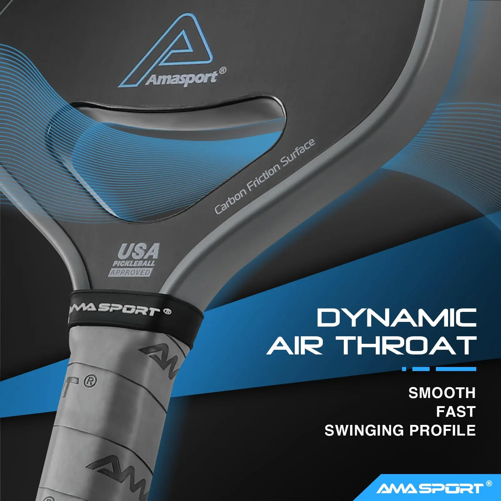 AMASPORT Pickleball Paddle T700 Carbon Fiber Dynamic Air Throat Foam Injected 16mm Thermoformed