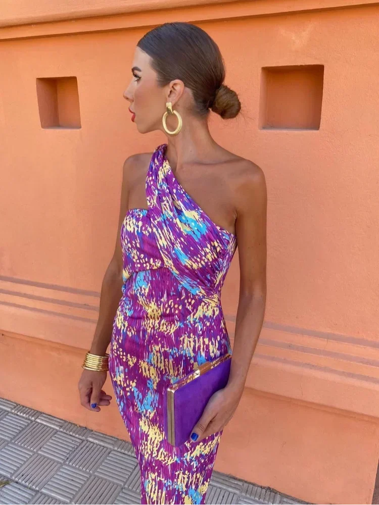 

Sexy One Shoulder Backless Slim Print Dress For Women Fashion Sleeveless Pleated Midi Dresses 2024 Holidays Beach Streetwear
