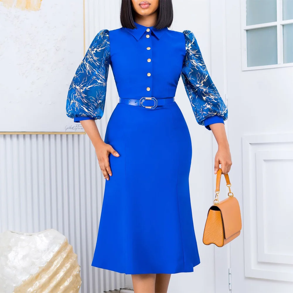 

Elegant Office Ladies Dresses for Women Turn Down Collar Three Quarter Sleeve Belt Waisted Mermaid Mid Calf Professional Dress