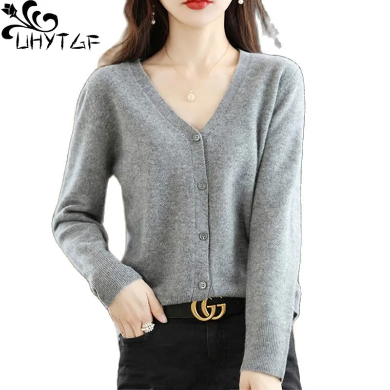 

Вязаный кардиган UHYTGF для женщин, Корейская осенняя одежда, свитер, женский свитер с V-образным вырезом и длинным рукавом, женская тонкая трикотажная одежда, пальто 2756