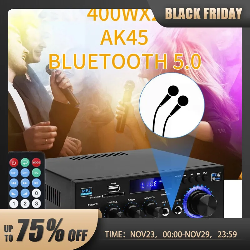  AK45 Bluetooth 5.0 Power Amplifier 2.0CH 40W X 2 Output Max 400W Subwoofer Hi-Fi Audio Amplifier Stereo Amplifier Receiver 