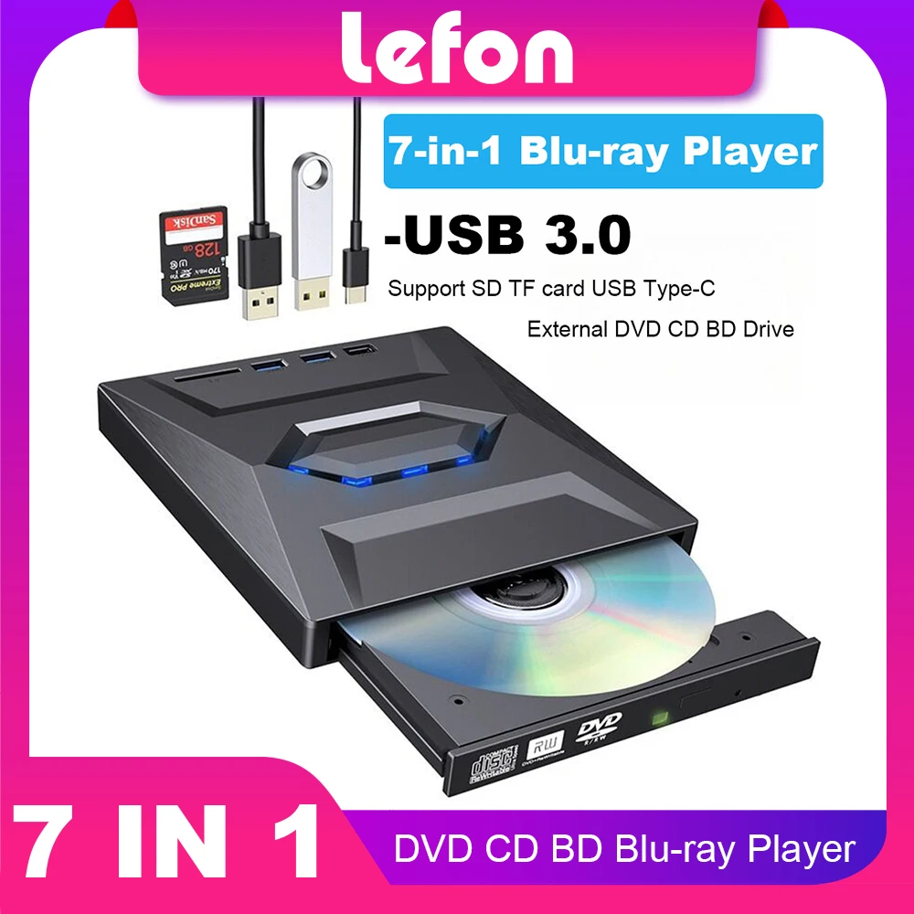 USB 3.0 External Bluray Player 7-in-1 Multifunctional DVD BD CD Bluray Burner SD TF Card Reading Function Drive for Laptop PC blu ray burner