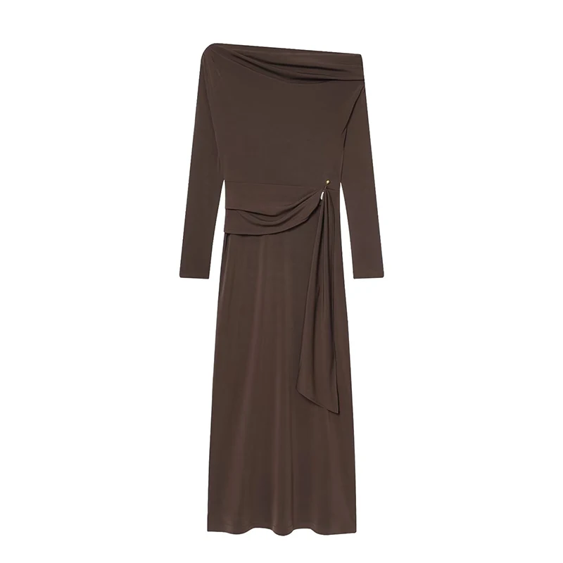 Chic Elegant Off Shoulder Long Dress Woman 2025 New Fashion Snap Button Ruched Midi Dresses For Women Slim Party Dresses ﻿